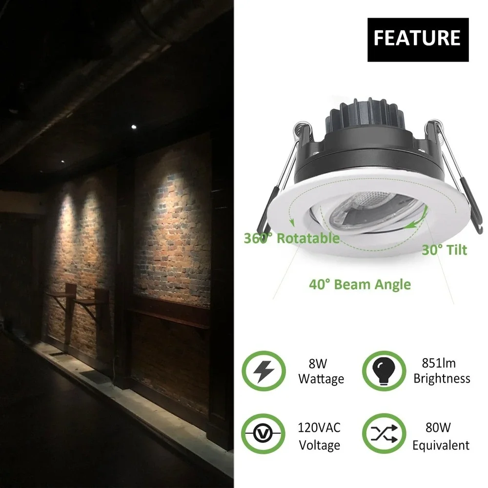 POPANU 3 Inch LED‎ Recessed Gimbal Downlight 8W Dimmable 5 CCT White 6 Pack